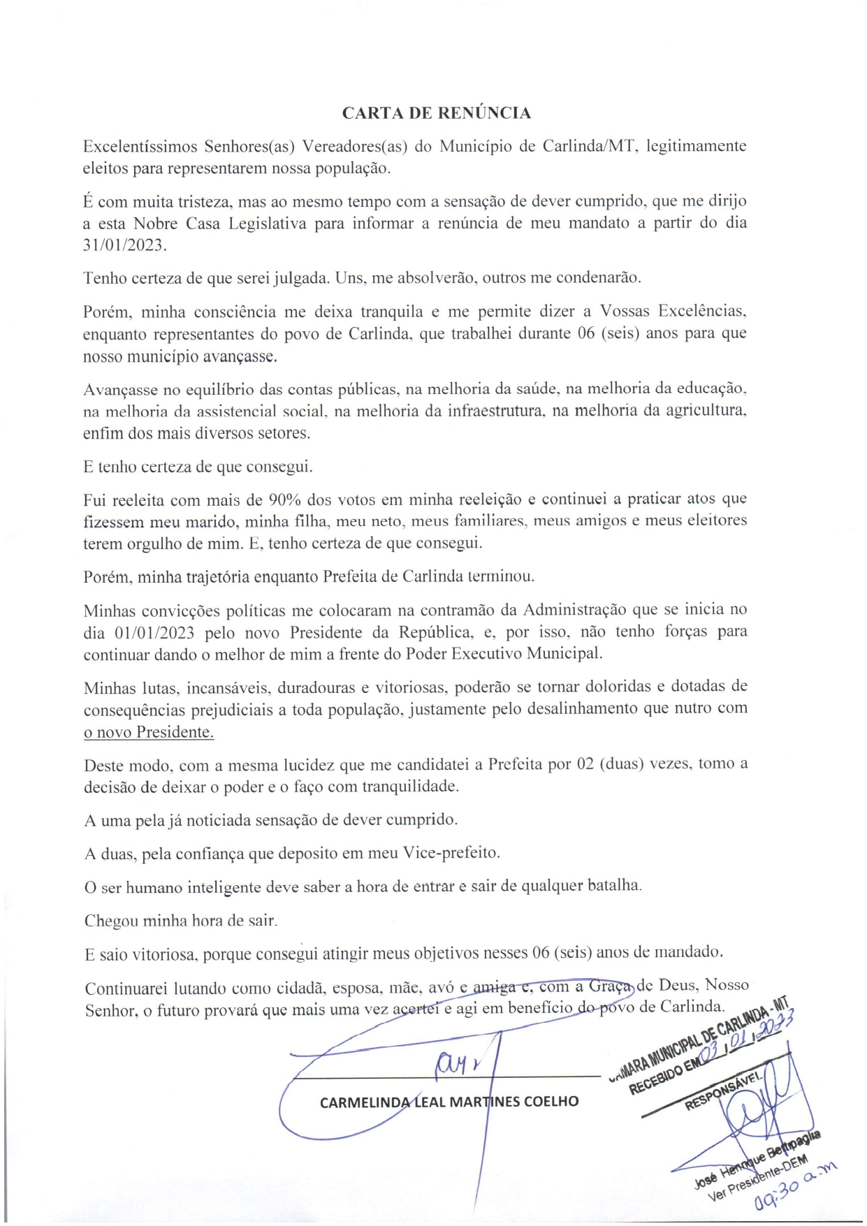 Carta de renúncia da prefeita da cidade de Carlinda, em Mato Grosso