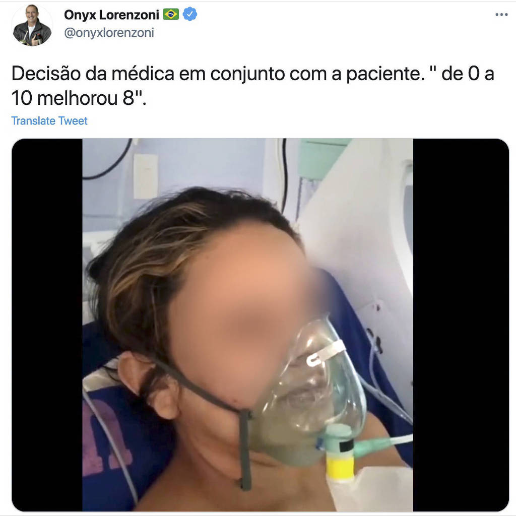 O Twitter deletou uma postagem de Onyx Lorenzoni (Secretaria-geral da Presidência) com vídeo de uma mulher recebendo nebulização de hidroxicloroquina.