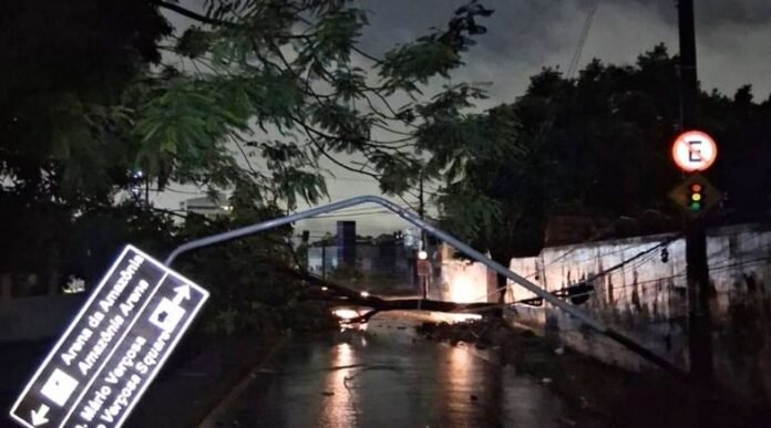 Temporal com ventos de 55 km/h provoca quedas de árvores, alagamentos e falta de energia em vários bairros de Manaus neste domingo (7).