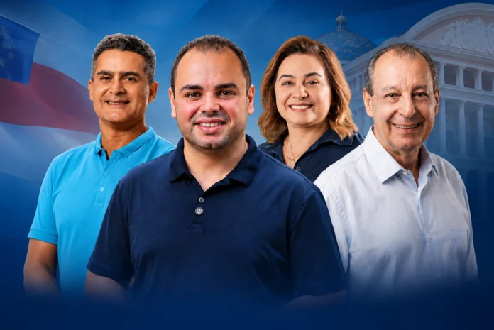Pesquisa Eficaz aponta empate entre quatro candidatos ao Governo do Amazonas. Omar Aziz lidera numericamente, seguido por David, Cidade e Maria.